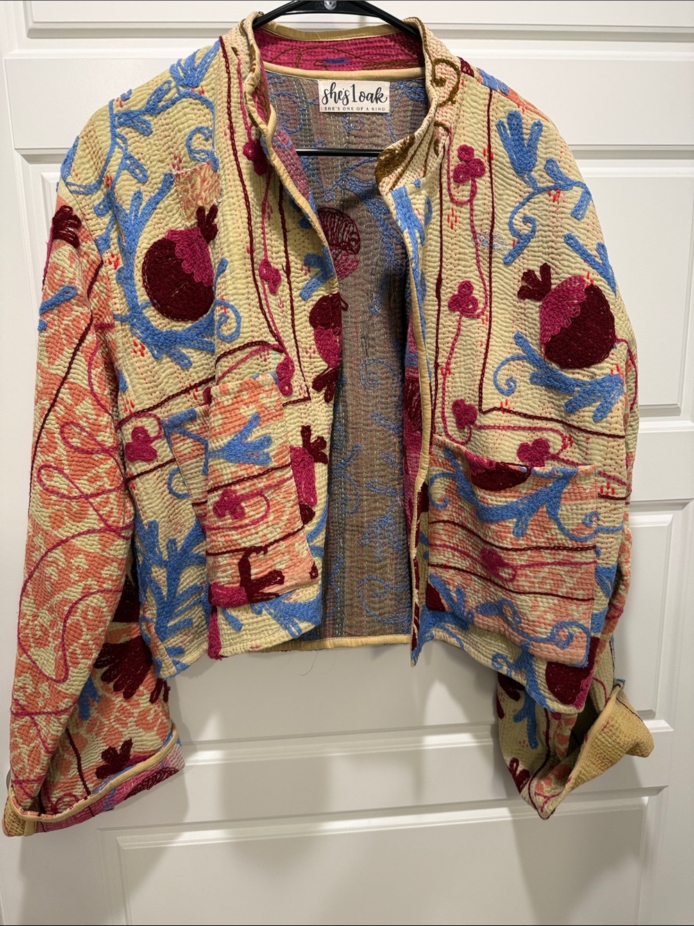 Boho Artisan Suzani Hand Embroidered Vintage Sari Quilted Jacket